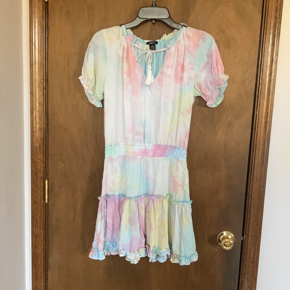 Rue 21 XS jrs dress puff sleeve pastel tie dye w tassel tie boho casual - Picture 8 of 14